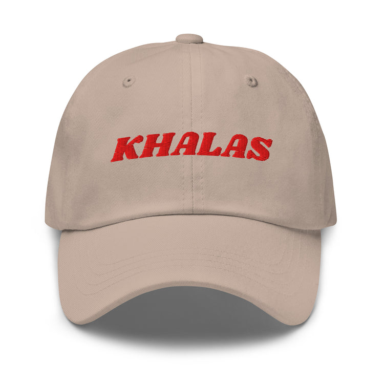 Khalas embroidered dad hat in stone, front view, Arabic slogan cap by BOSA