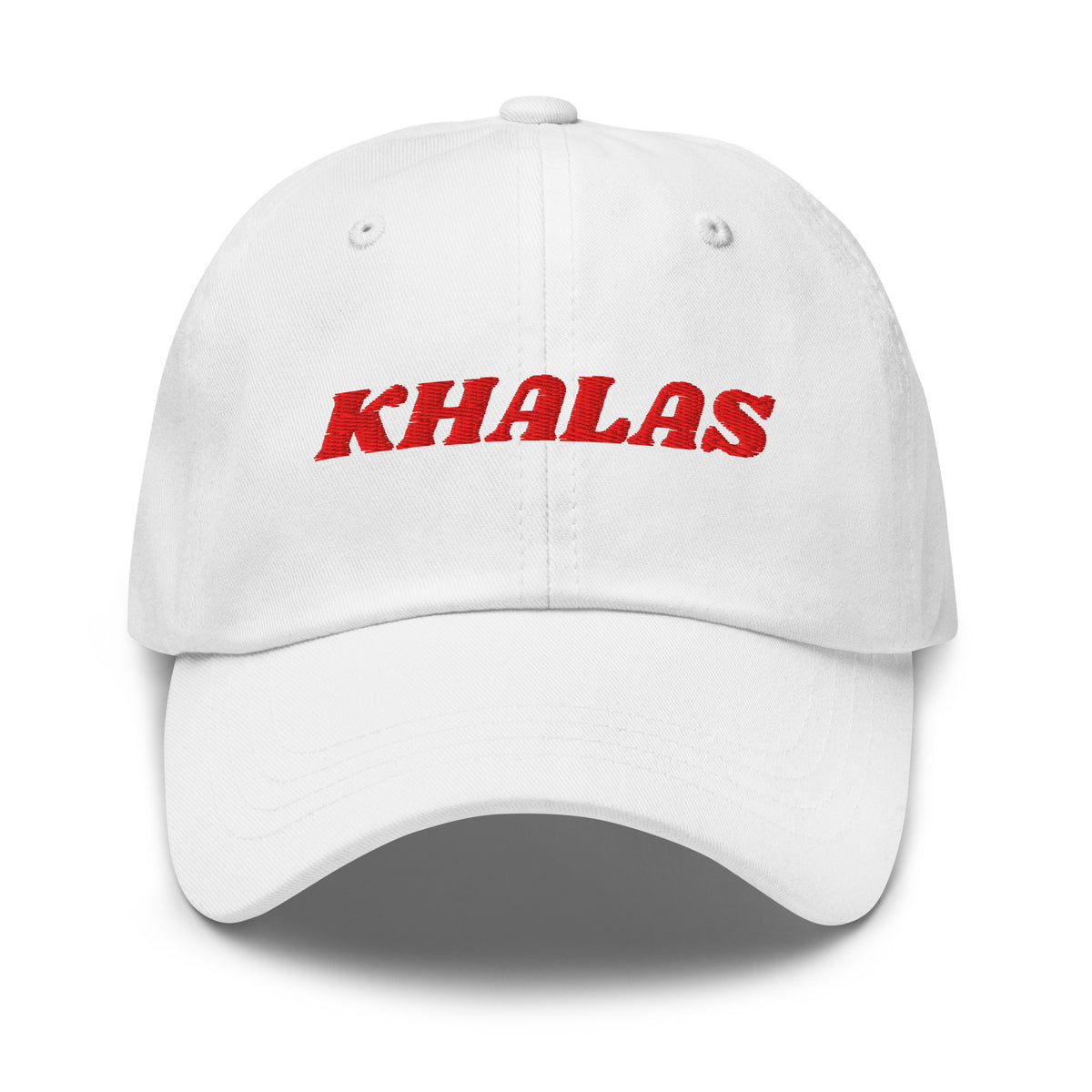 Khalas embroidered dad hat in white, front view, Arabic slogan cap by BOSA
