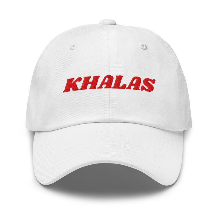 Khalas embroidered dad hat in white, front view, Arabic slogan cap by BOSA