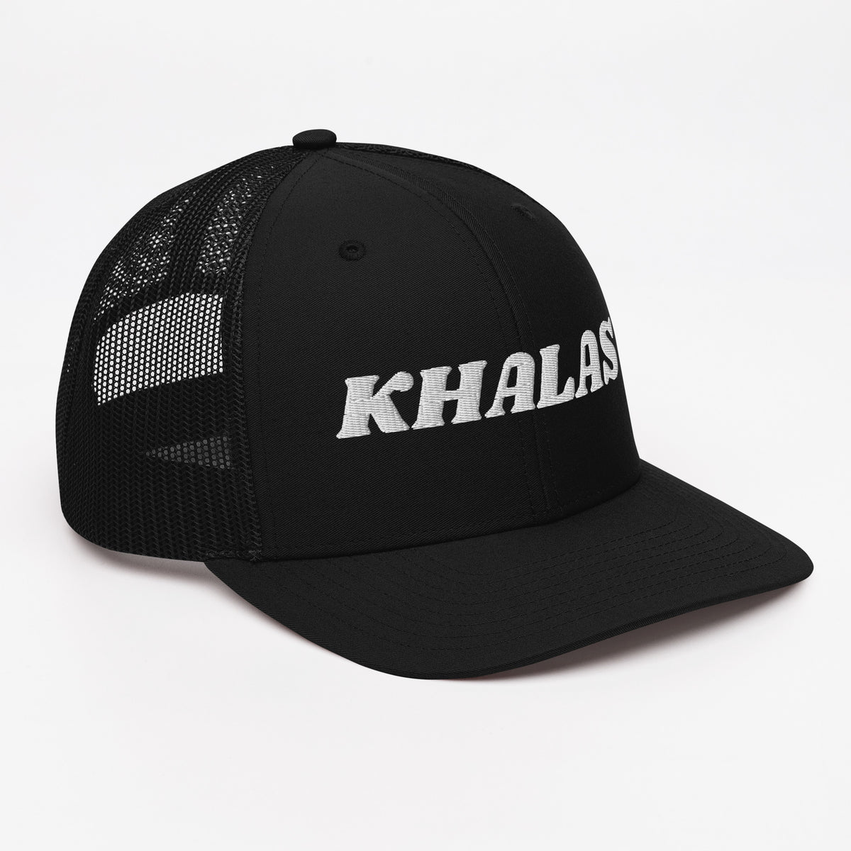 Khalas snapback trucker cap in black, angled front view, Arabic slogan cap by BOSA