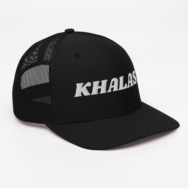 Khalas snapback trucker cap in black, angled front view, Arabic slogan cap by BOSA
