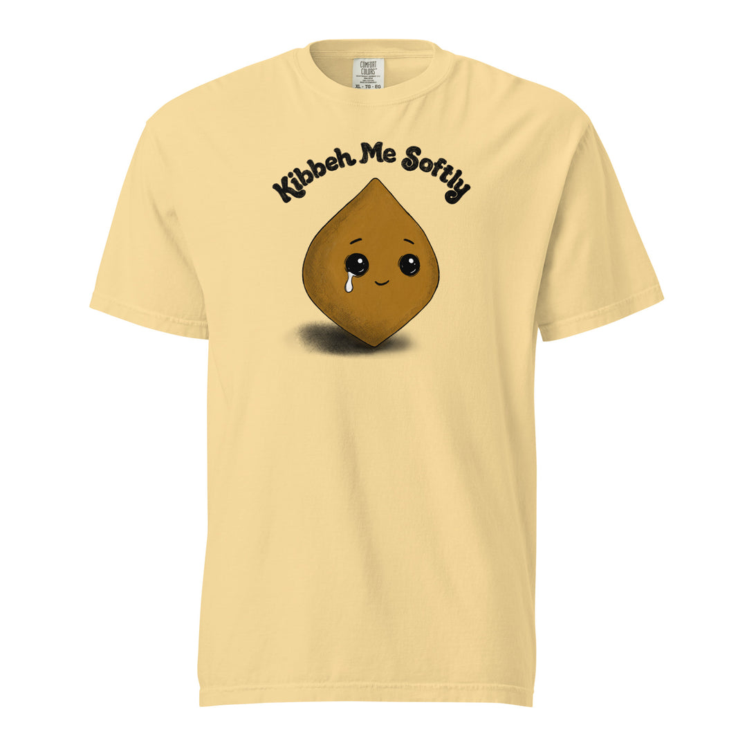 Kibbeh Me Softly heavyweight t-shirt in butter yellow, front view, Arab food humor apparel by BOSA