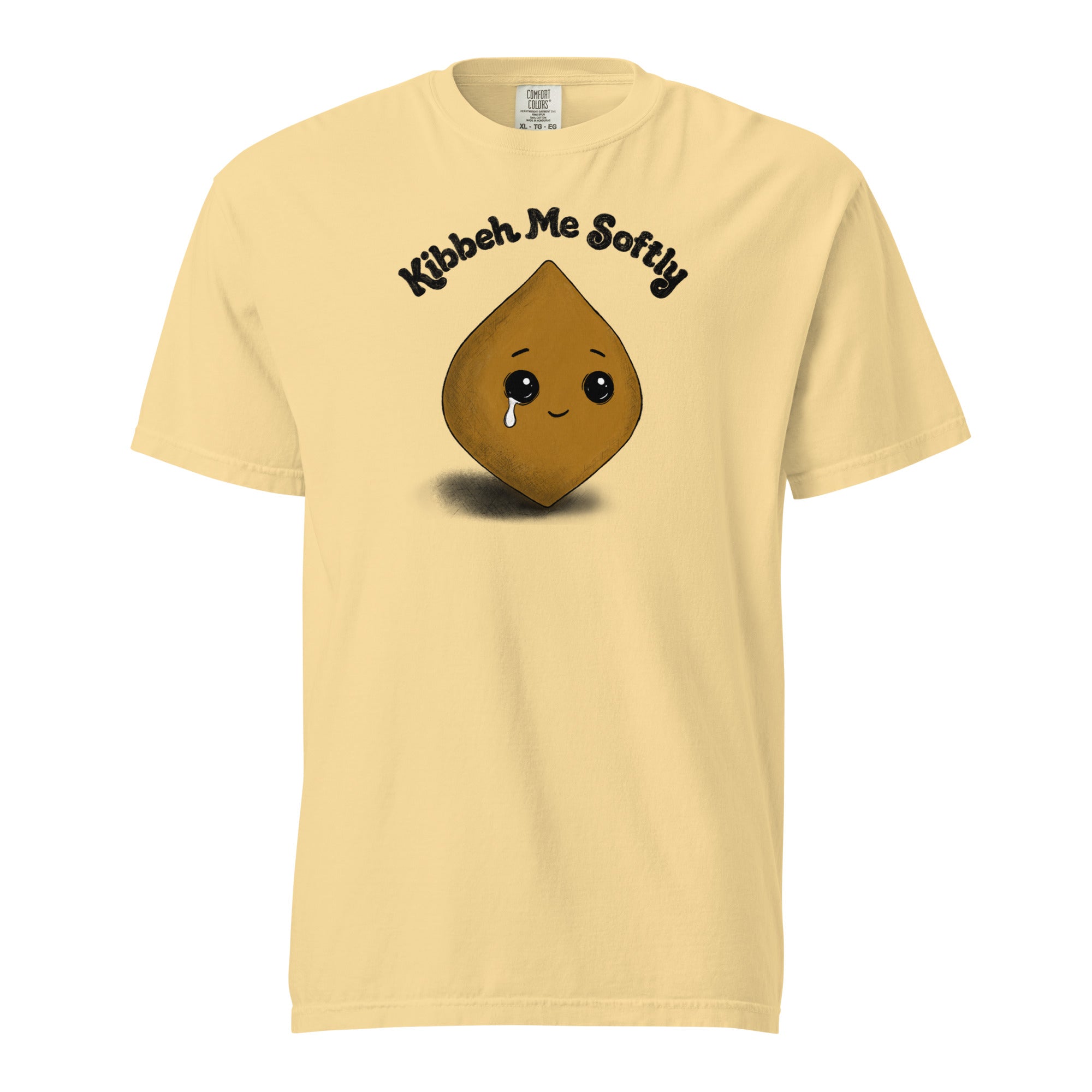 Kibbeh Me Softly heavyweight t-shirt in butter yellow, front view, Arab food humor apparel by BOSA