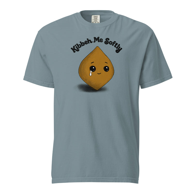 Kibbeh Me Softly heavyweight t-shirt in ice blue, front view, Arab food humor apparel by BOSA