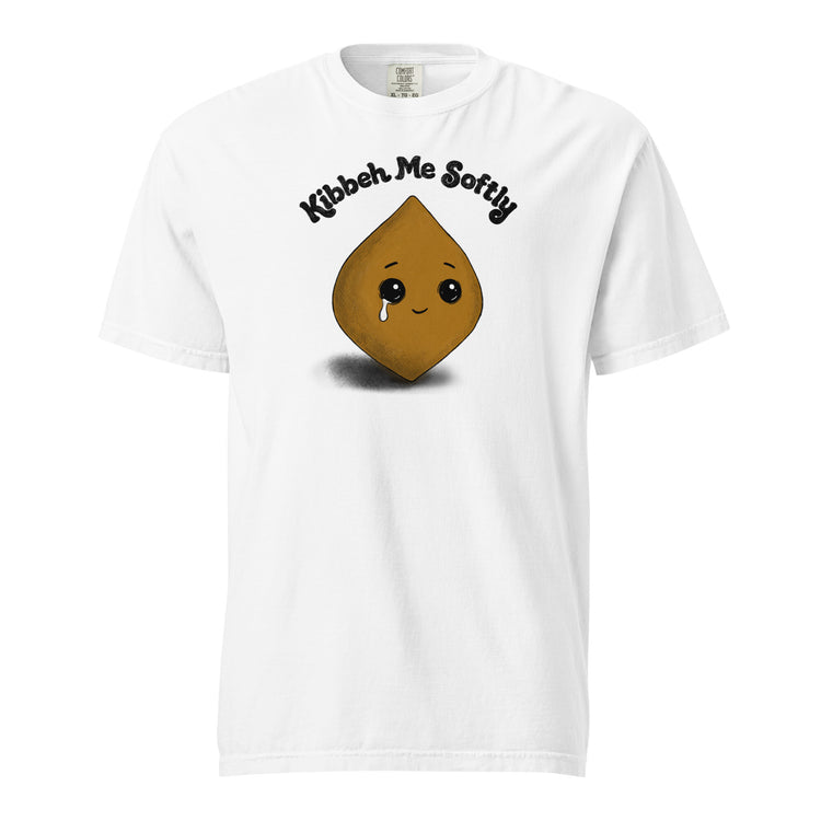 Kibbeh Me Softly heavyweight t-shirt in white, front view, Arab food humor apparel by BOSA