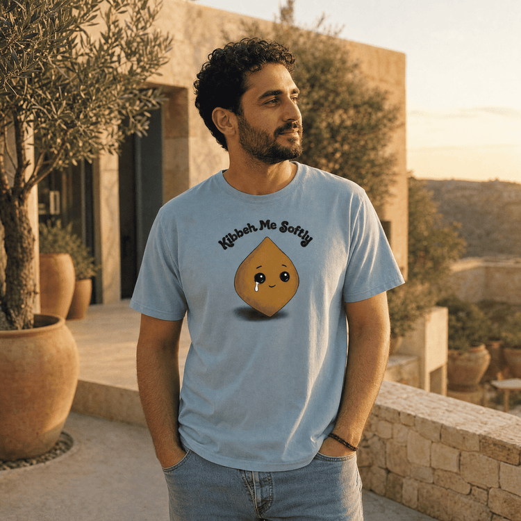 Model wearing Kibbeh Me Softly heavyweight t-shirt, Arab food humor streetwear by BOSA