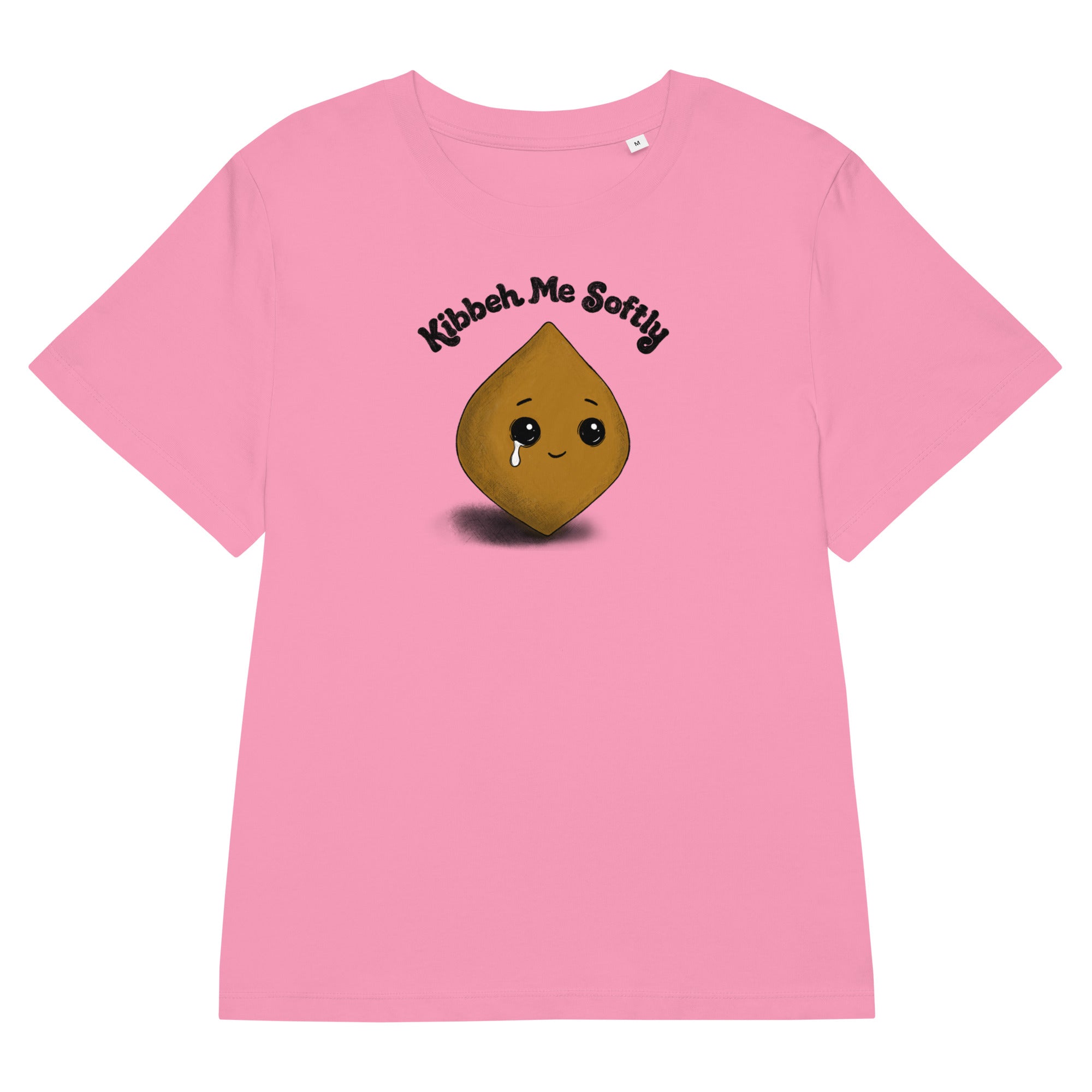 Kibbeh Me Softly women's organic ribbed neck t-shirt in bubble pink, front view, Arab food humor apparel by BOSA