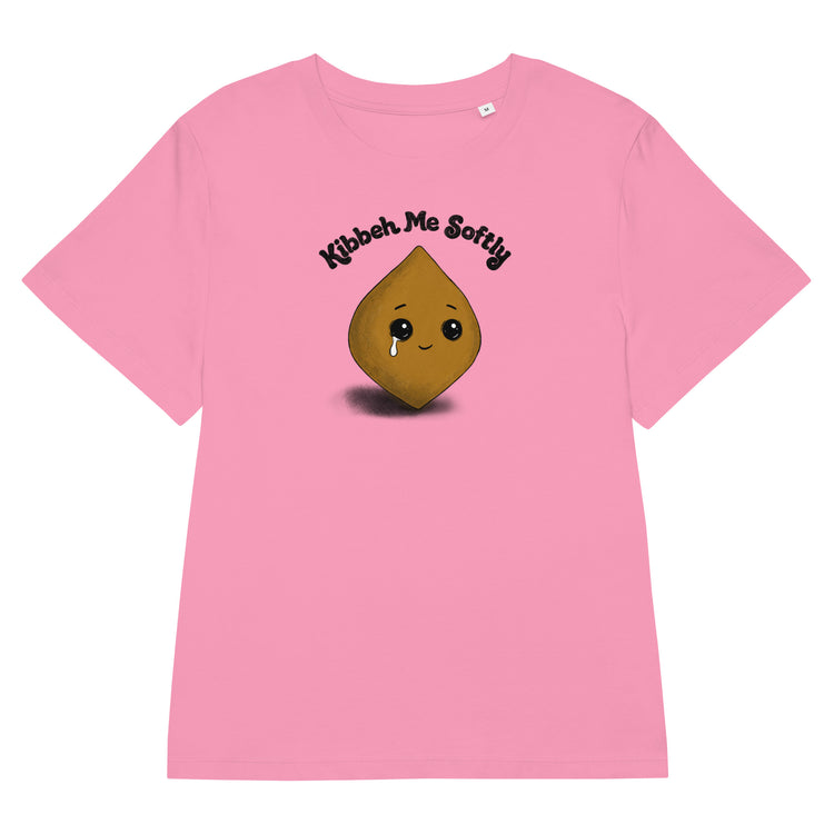 Kibbeh Me Softly women's organic ribbed neck t-shirt in bubble pink, front view, Arab food humor apparel by BOSA