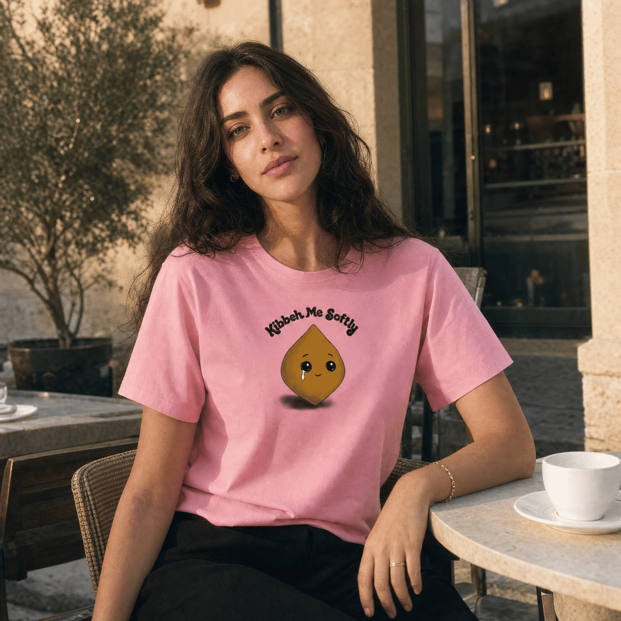 Woman wearing Kibbeh Me Softly organic ribbed neck t-shirt, Arab food humor streetwear by BOSA
