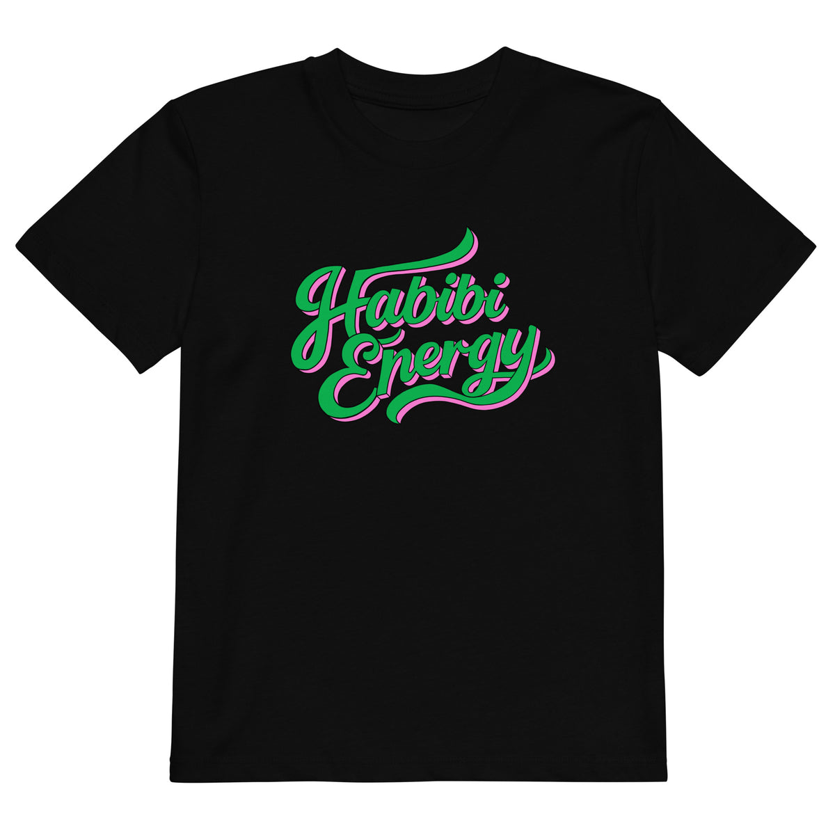 Habibi Energy organic cotton kids t-shirt in black, front view, Arabic slogan kids clothing by BOSA