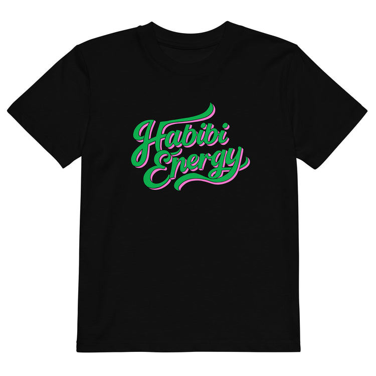 Habibi Energy organic cotton kids t-shirt in black, front view, Arabic slogan kids clothing by BOSA