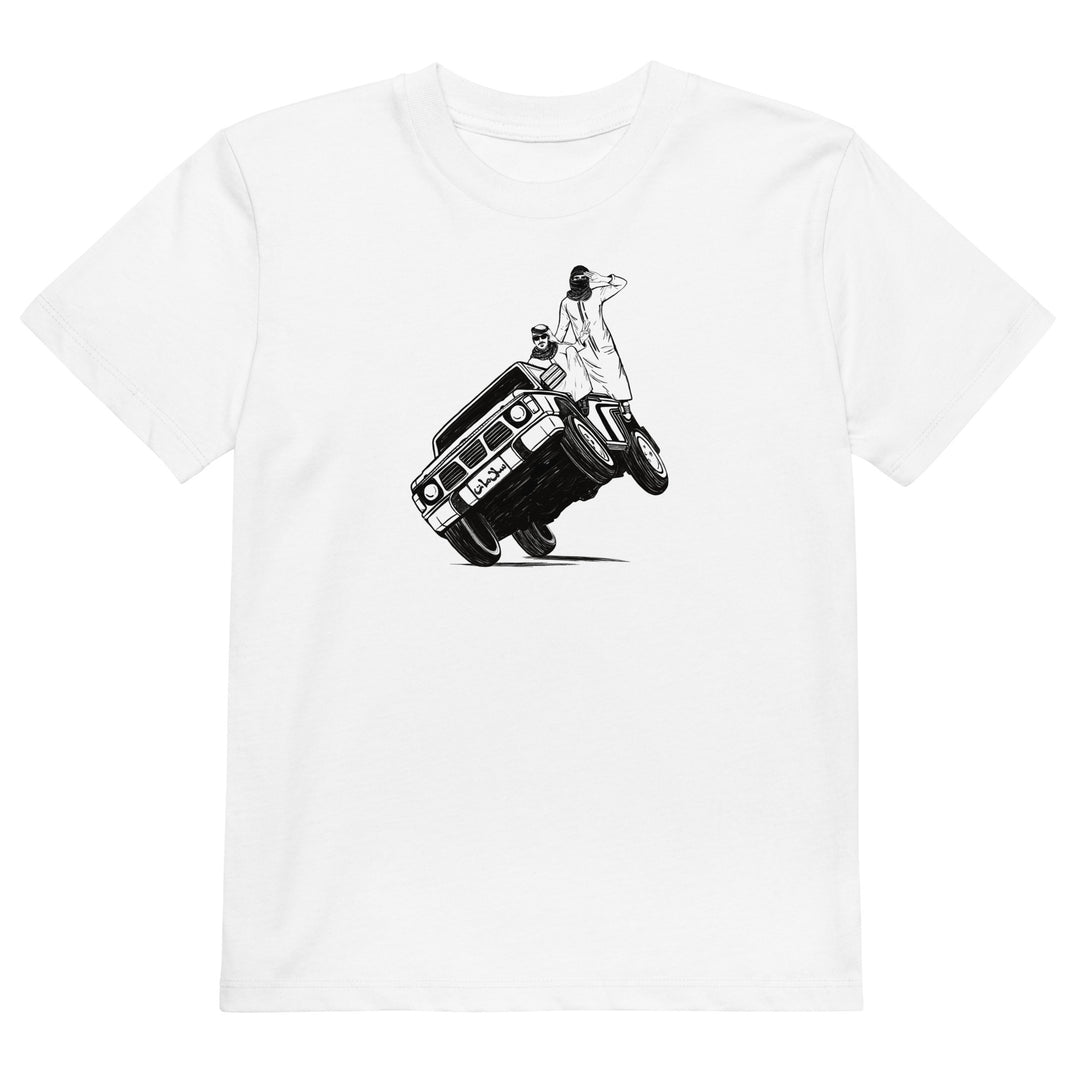 Sidewheelie organic cotton kids t-shirt in white, front view, Arab car culture kids clothing by BOSA
