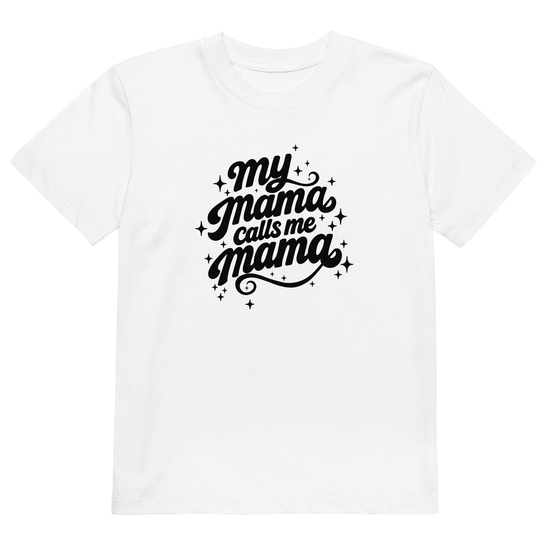 My Mama Calls Me Mama organic cotton kids t-shirt in white, front view, Arab family kids clothing by BOSA