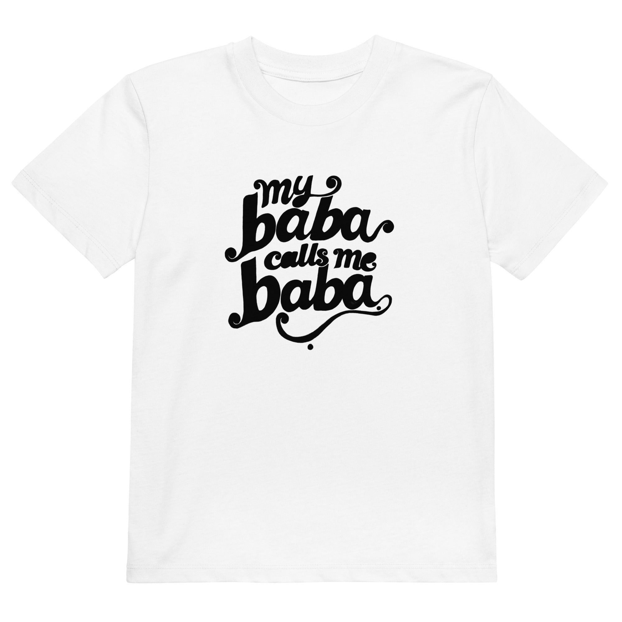 My Baba Calls Me Baba organic cotton kids t-shirt in white, front view, Arab family kids clothing by BOSA