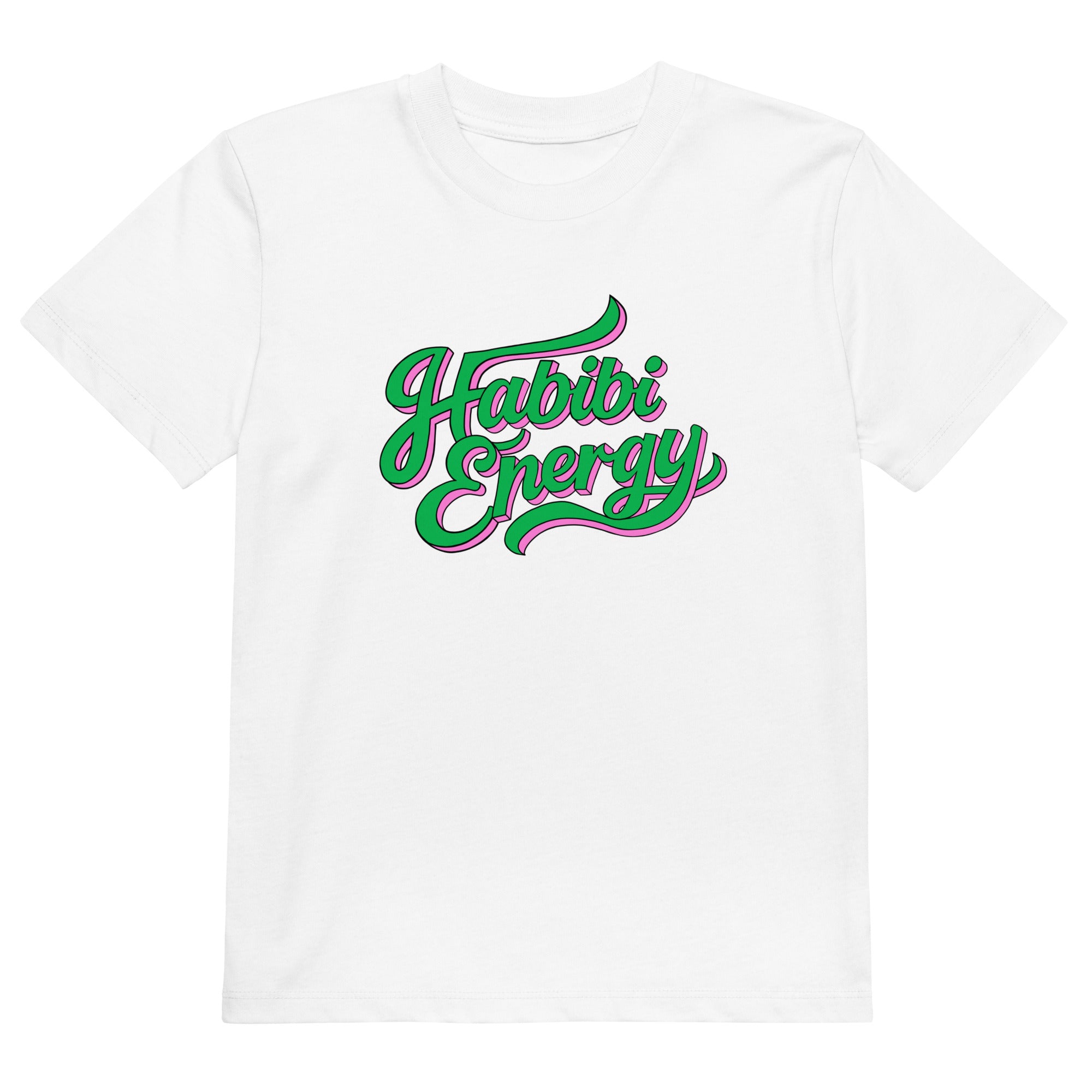 Habibi Energy organic cotton kids t-shirt in white, front view, Arabic slogan kids clothing by BOSA