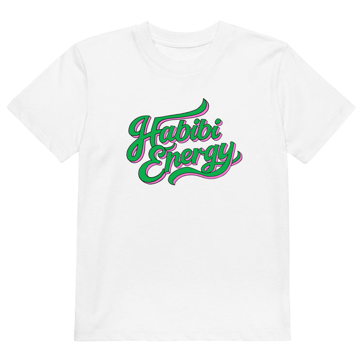 Habibi Energy organic cotton kids t-shirt in white, front view, Arabic slogan kids clothing by BOSA