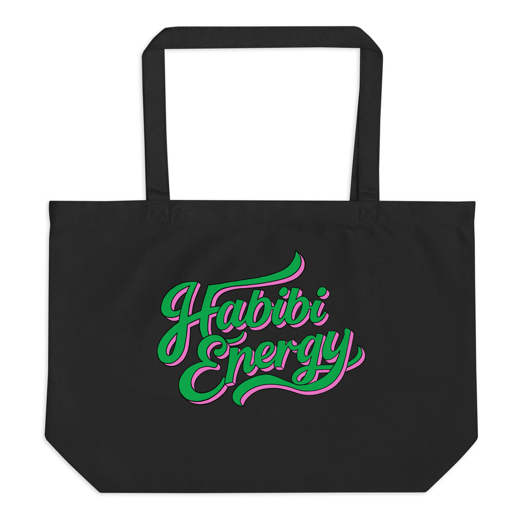 Habibi Energy large organic tote bag in black, front view, Arabic slogan accessory by BOSA