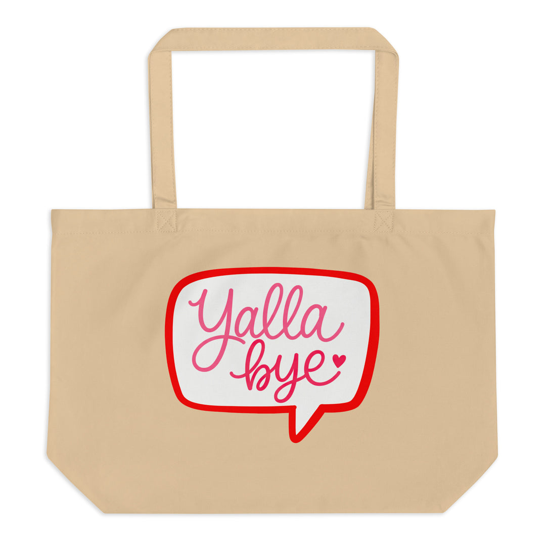 Yalla Bye large organic tote bag in oyster, front view, Arabic slogan accessory by BOSA