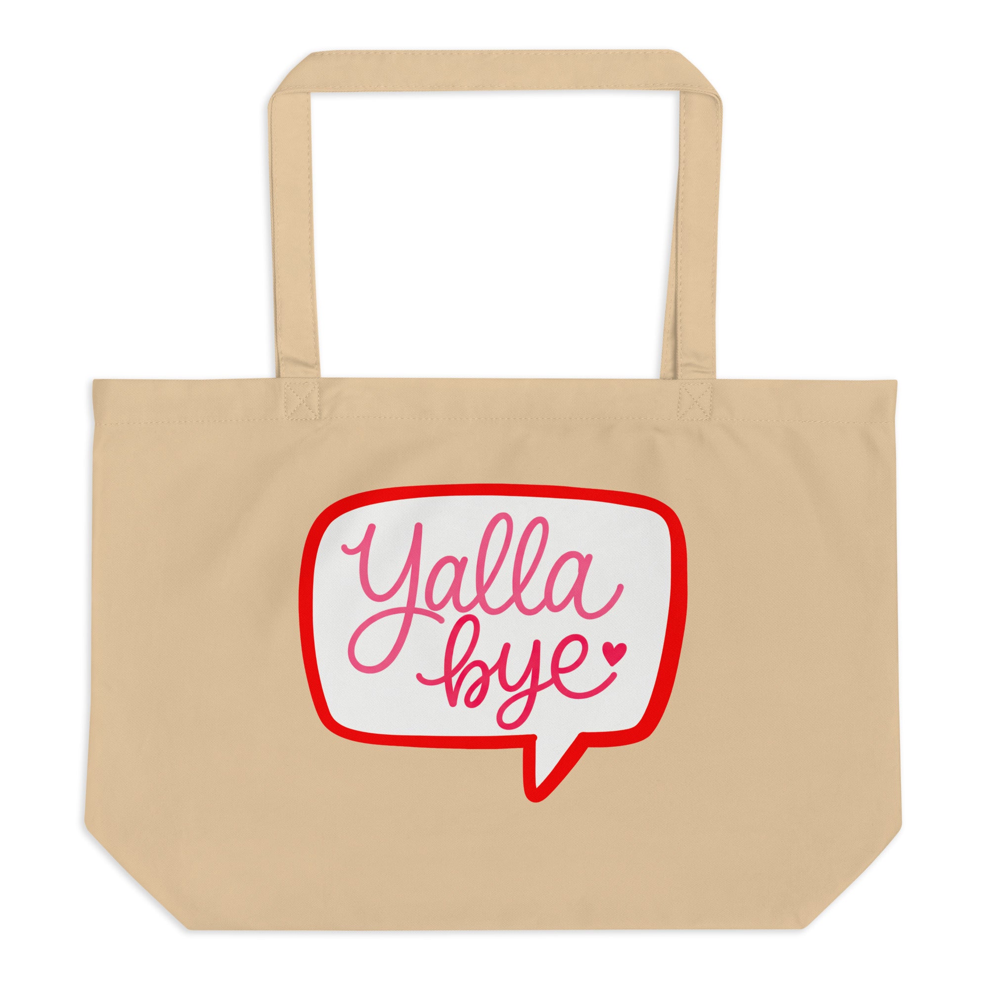 Yalla Bye large organic tote bag in oyster, front view, Arabic slogan accessory by BOSA