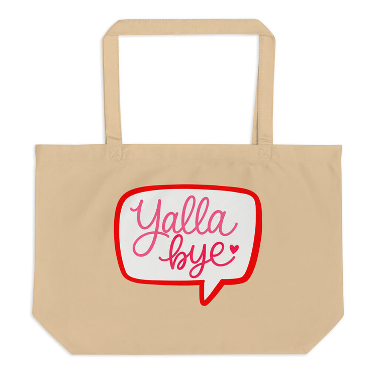 Yalla Bye large organic tote bag in oyster, front view, Arabic slogan accessory by BOSA