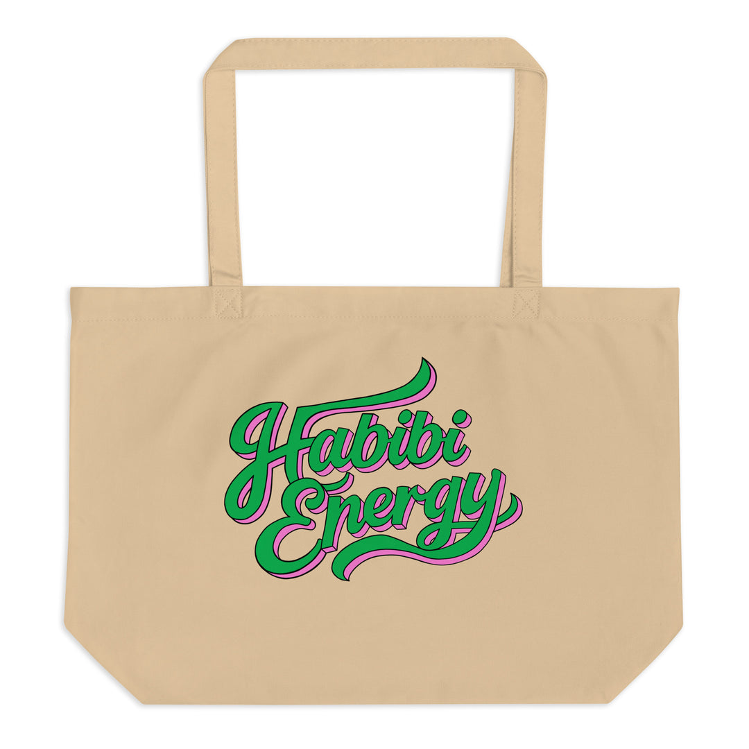 Habibi Energy large organic tote bag in oyster, front view, Arabic slogan accessory by BOSA