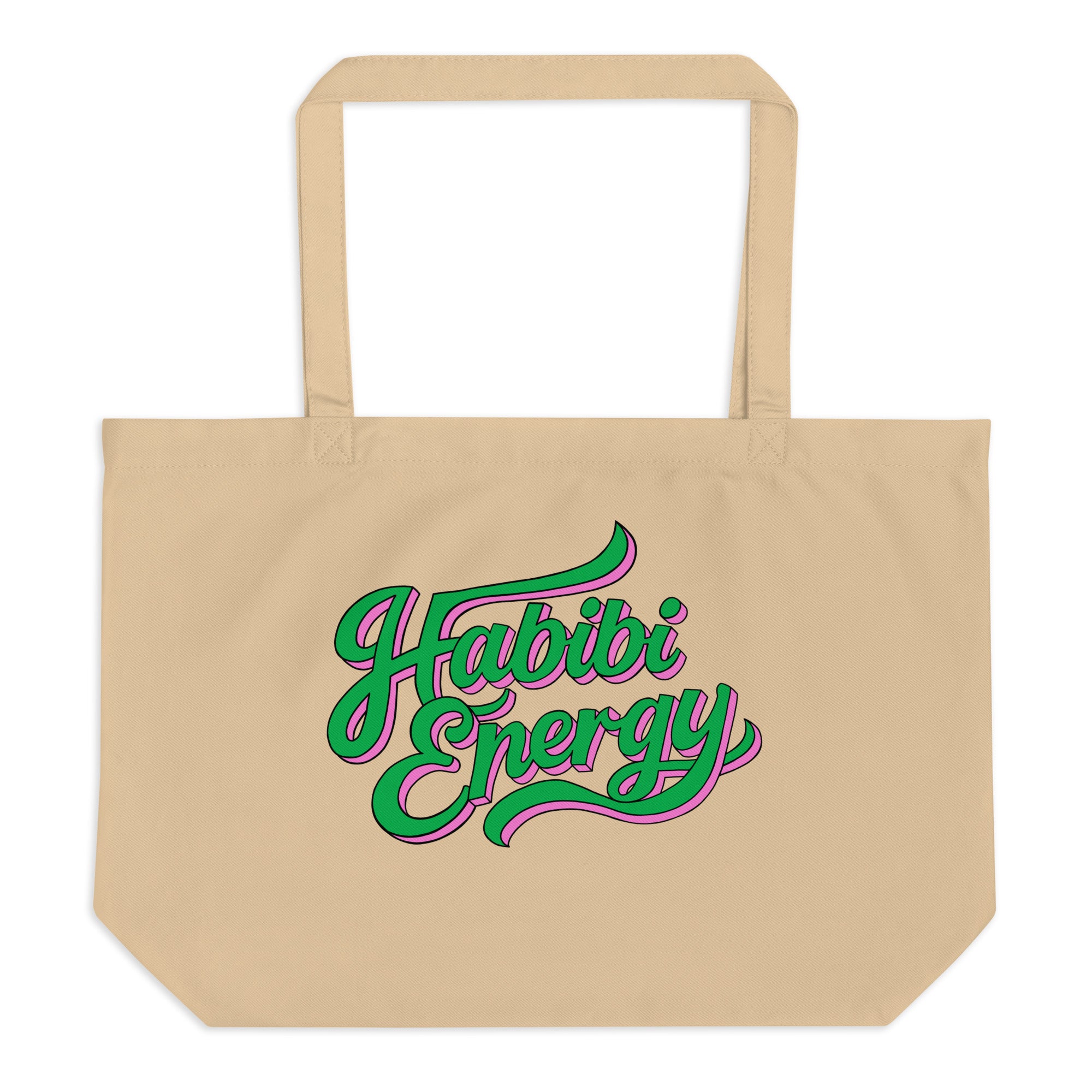Habibi Energy large organic tote bag in oyster, front view, Arabic slogan accessory by BOSA
