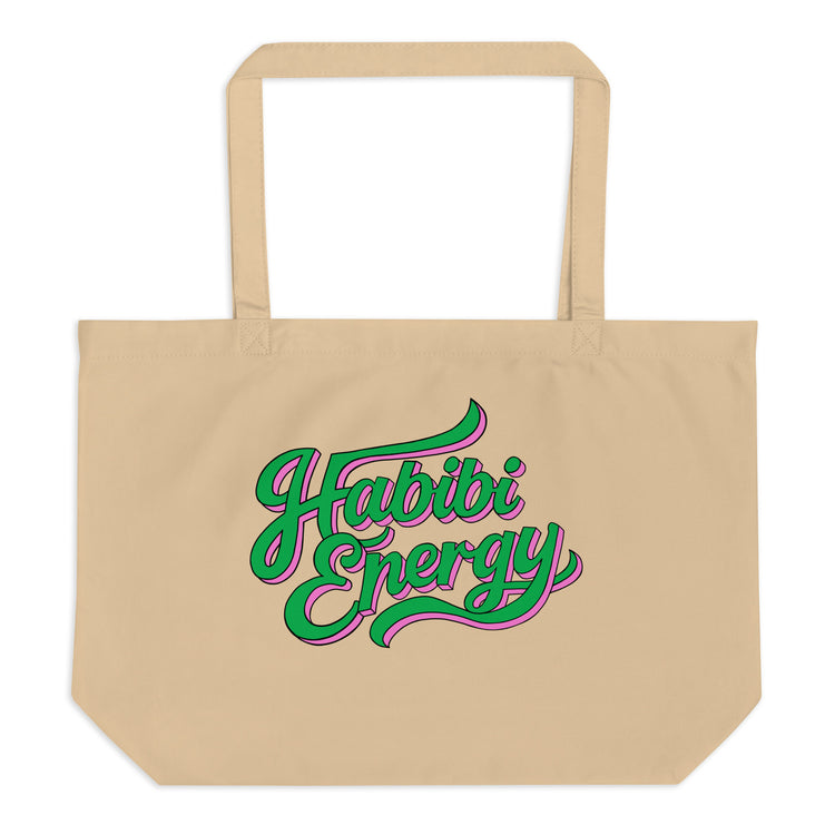 Habibi Energy large organic tote bag in oyster, front view, Arabic slogan accessory by BOSA