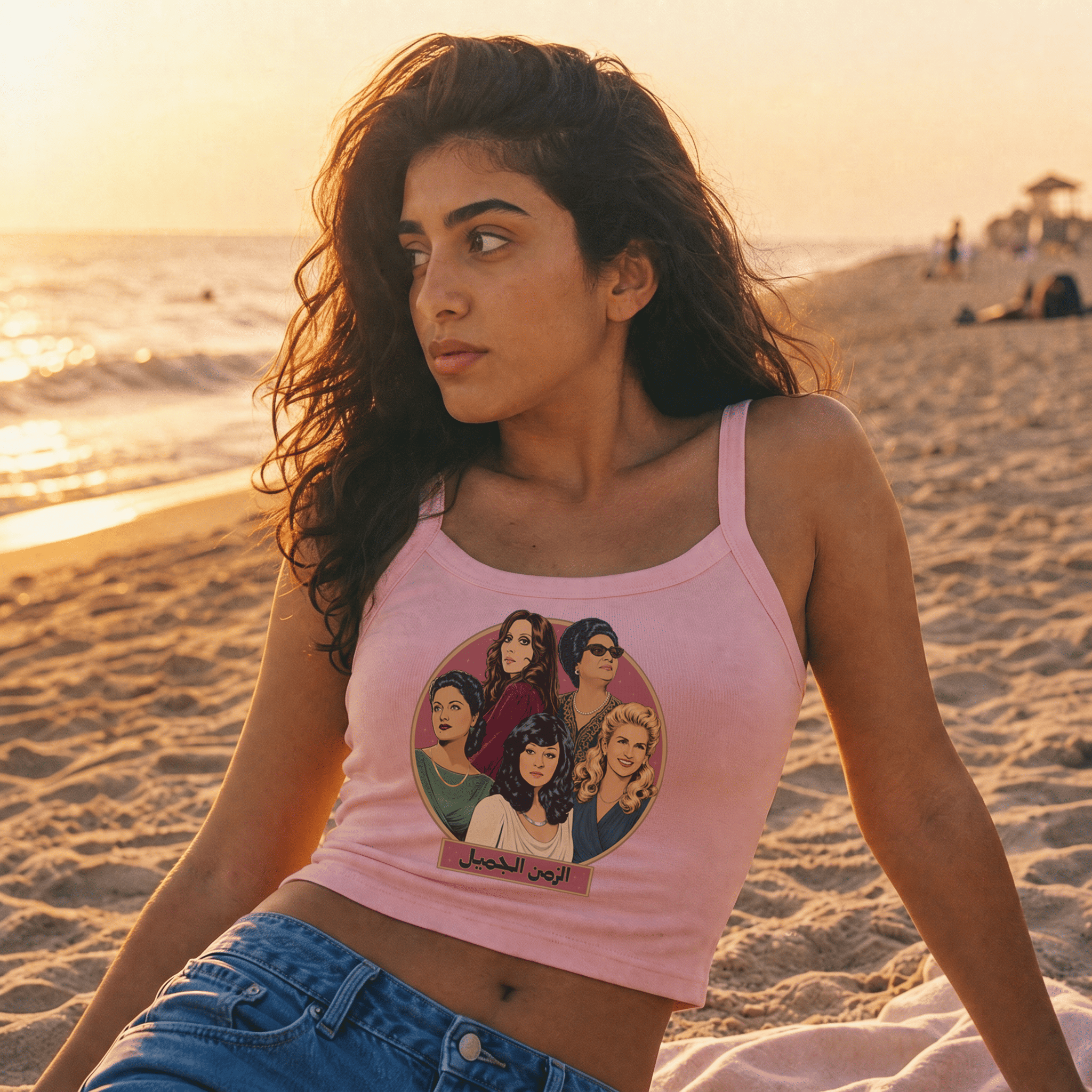Woman wearing Legends micro-rib tank top, Arab music legends streetwear by BOSA