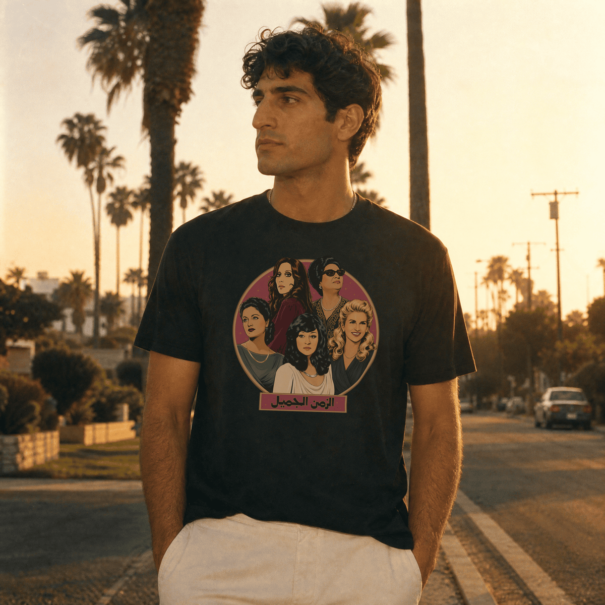 Model wearing Legends organic cotton t-shirt, Arab music legends streetwear by BOSA