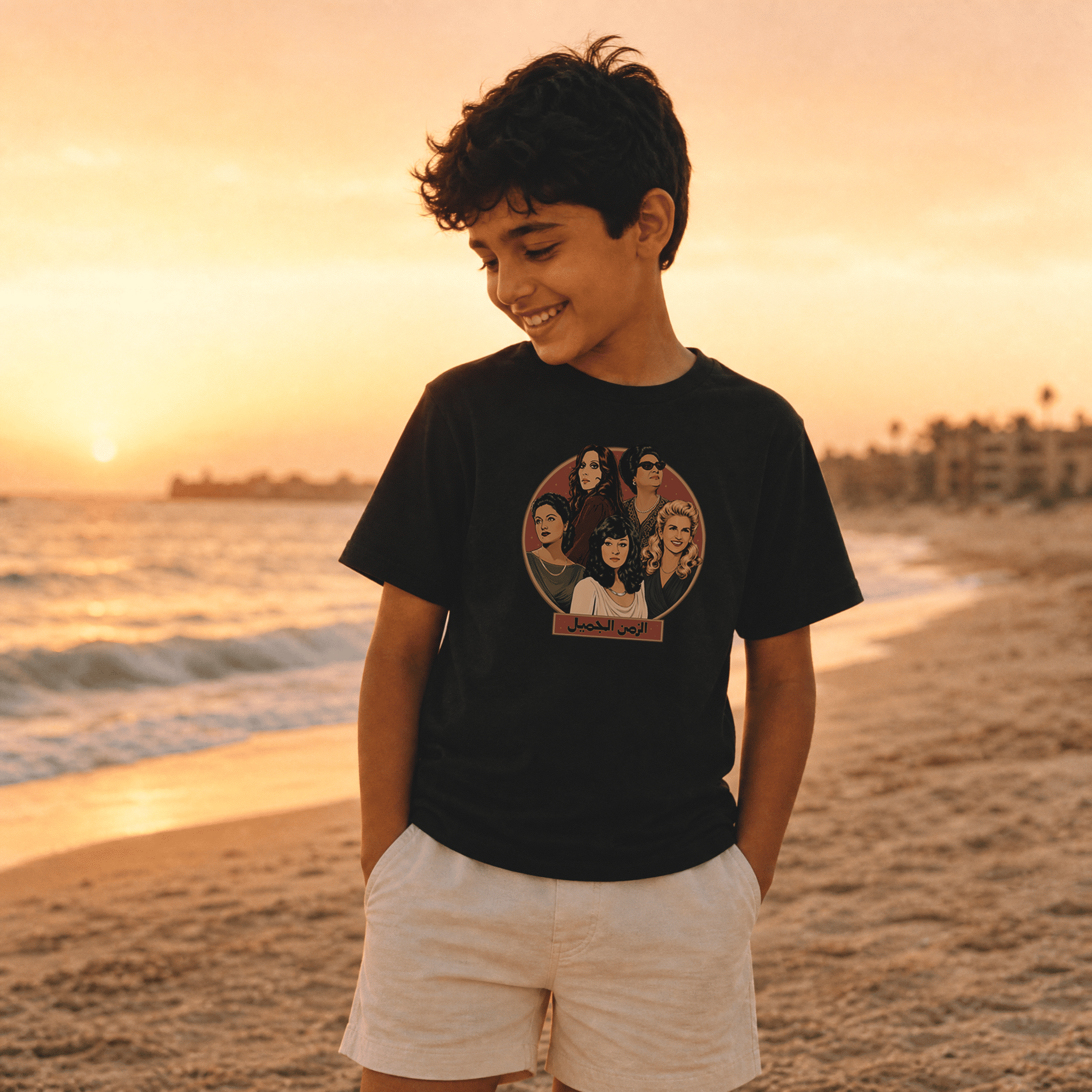 Child wearing Legends classic youth tee, Arab music legends kids clothing by BOSA