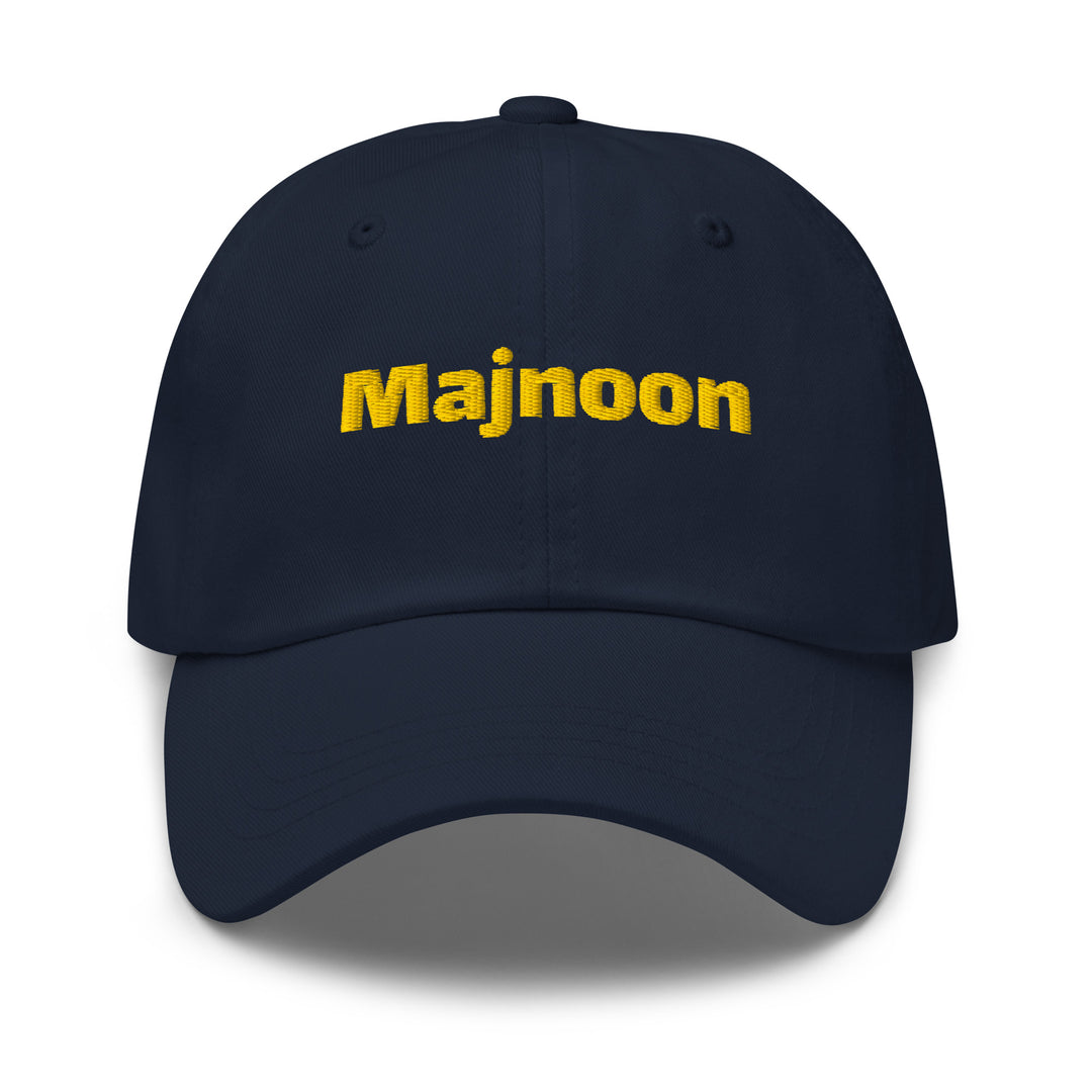 Majnoon embroidered dad hat in navy, front view, Arabic slogan cap by BOSA
