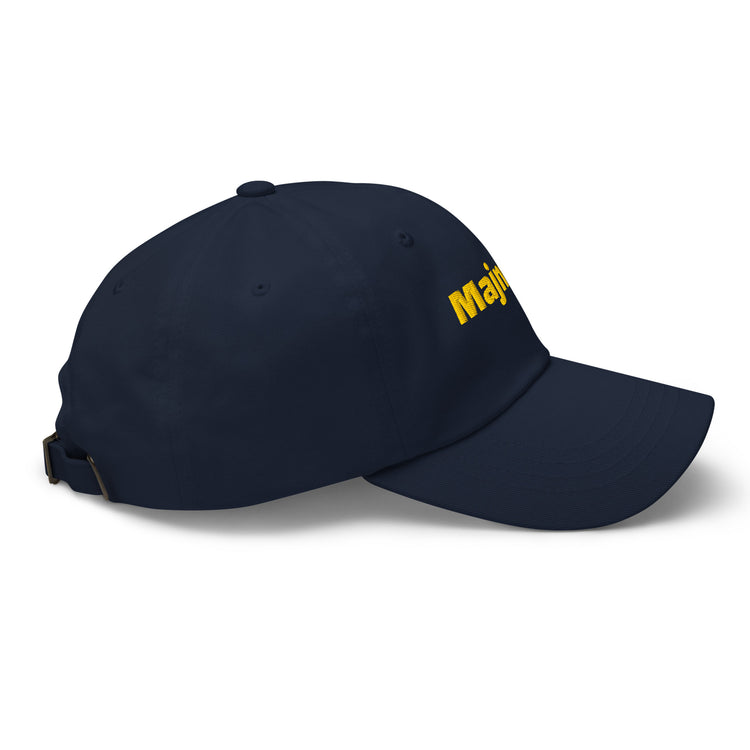 Majnoon embroidered dad hat in navy, side angle, Arabic slogan cap by BOSA