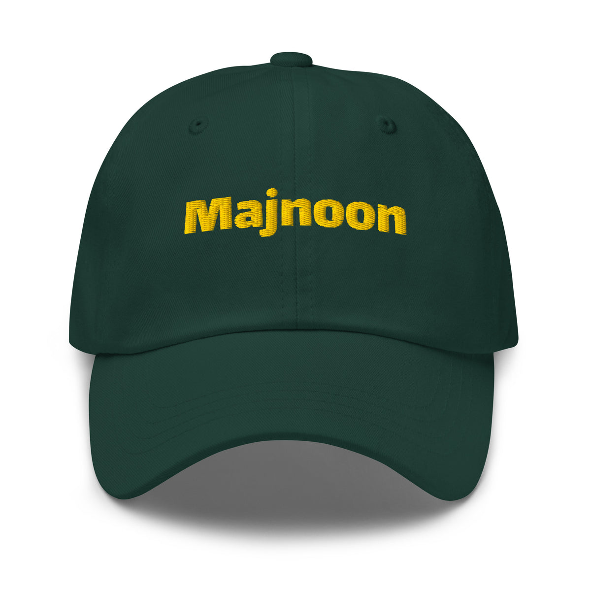 Majnoon embroidered dad hat in spruce green, front view, Arabic slogan cap by BOSA