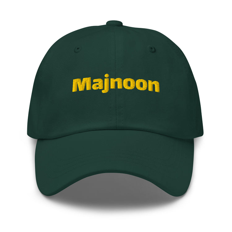 Majnoon embroidered dad hat in spruce green, front view, Arabic slogan cap by BOSA