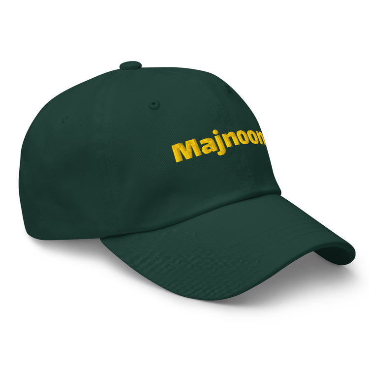 Majnoon embroidered dad hat in spruce green, side angle, Arabic slogan cap by BOSA