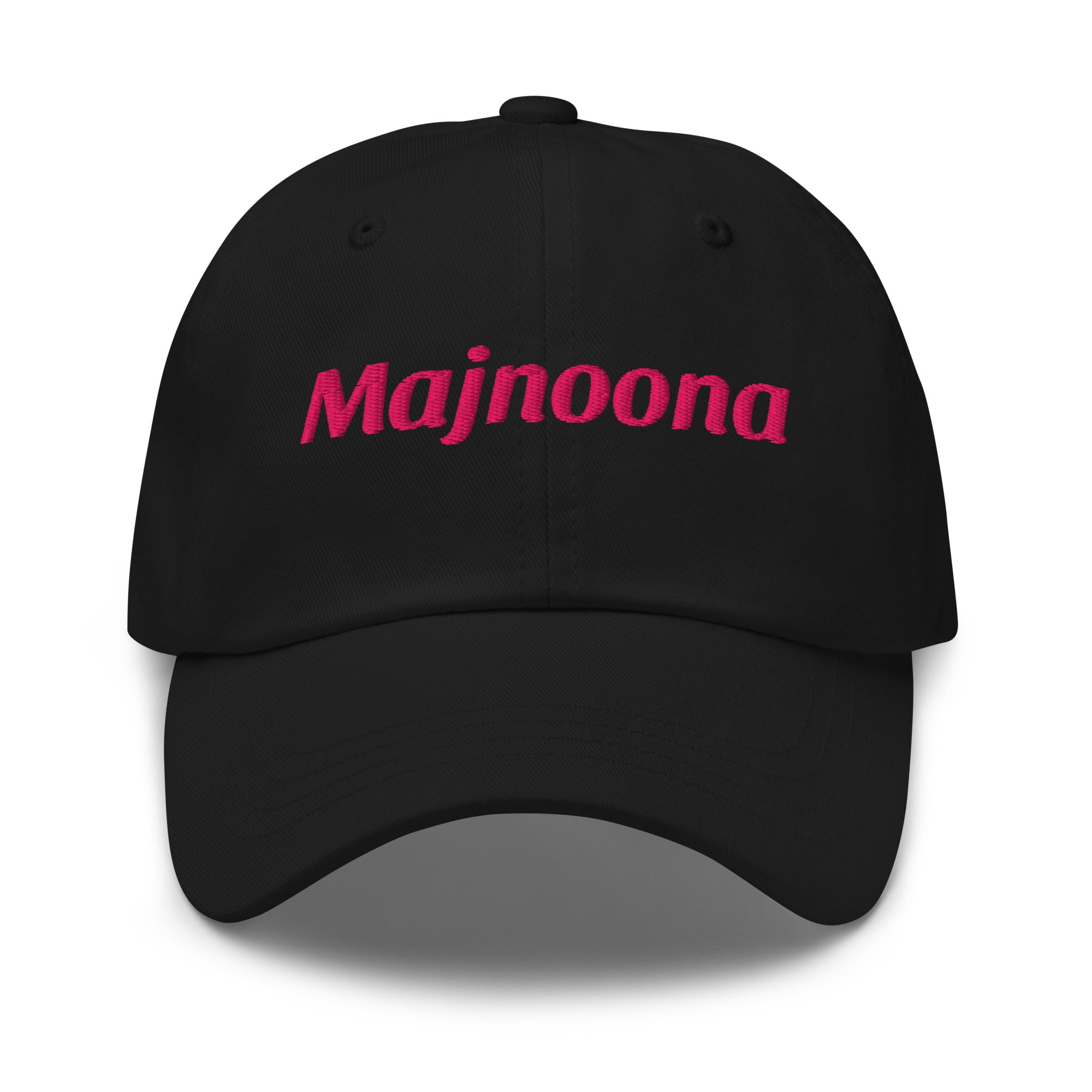 Majnoona embroidered dad hat in black, front view, Arabic slogan cap by BOSA