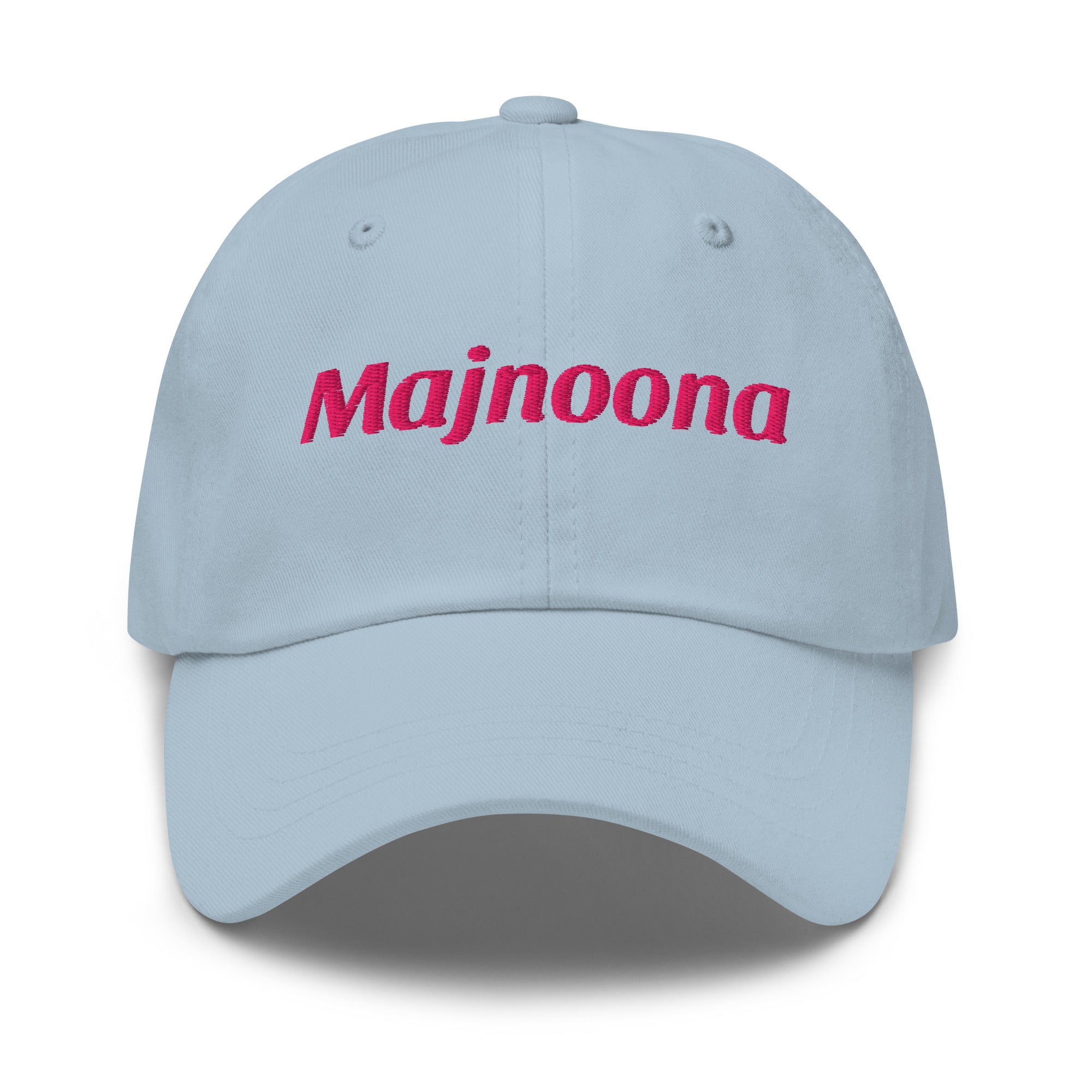 Majnoona embroidered dad hat in light blue, front view, Arabic slogan cap by BOSA