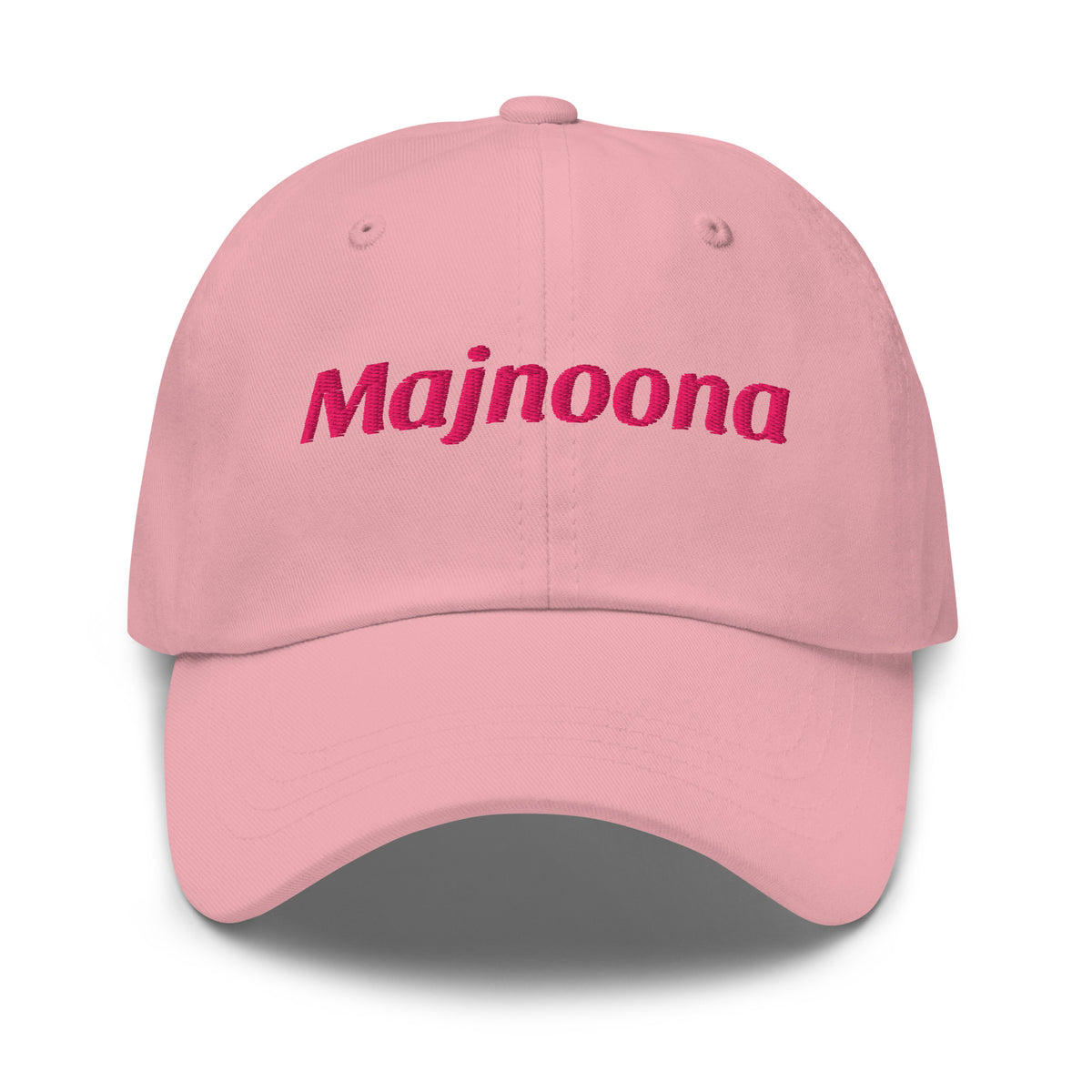 Majnoona embroidered dad hat in pink, front view, Arabic slogan cap by BOSA