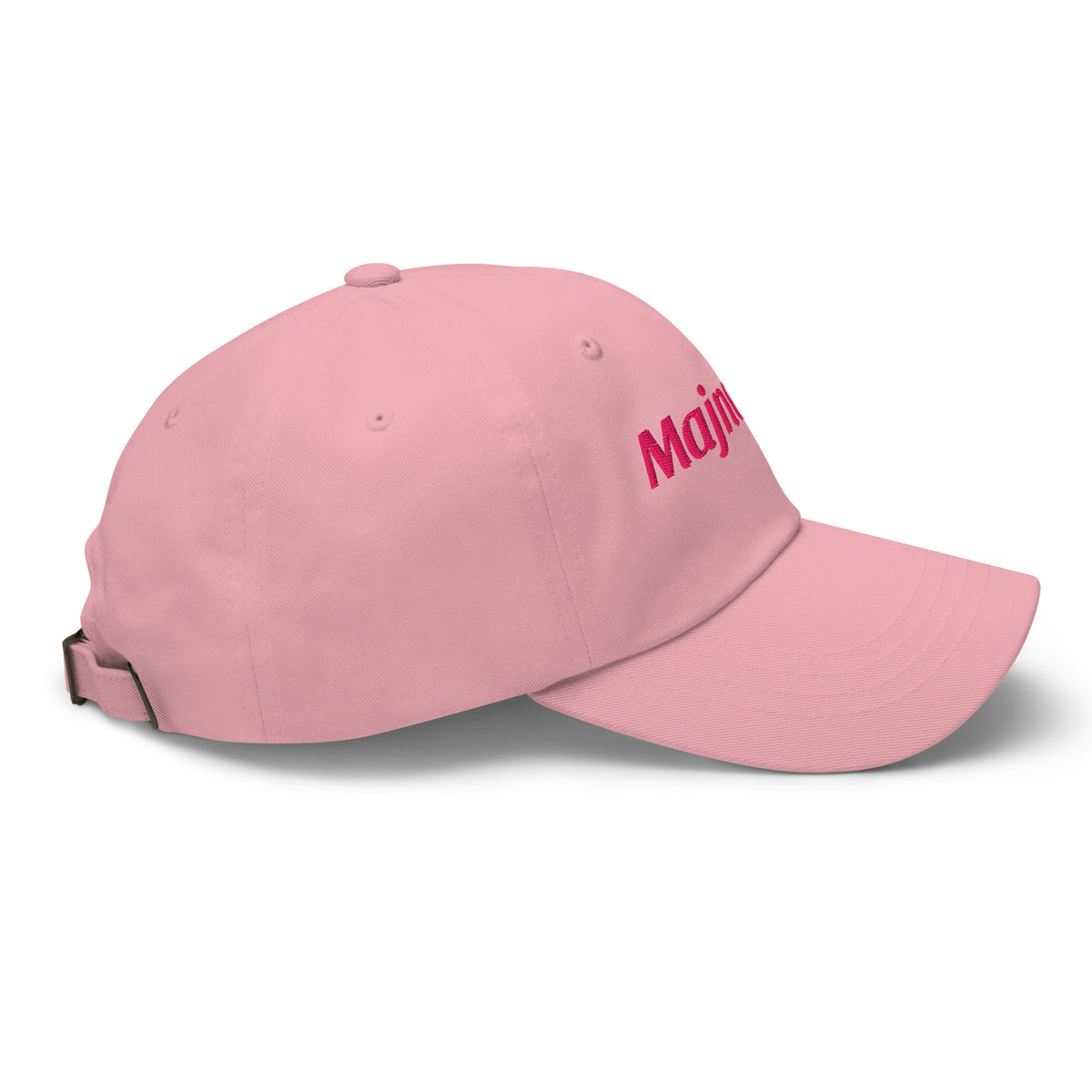 Majnoona embroidered dad hat in pink, side angle, Arabic slogan cap by BOSA