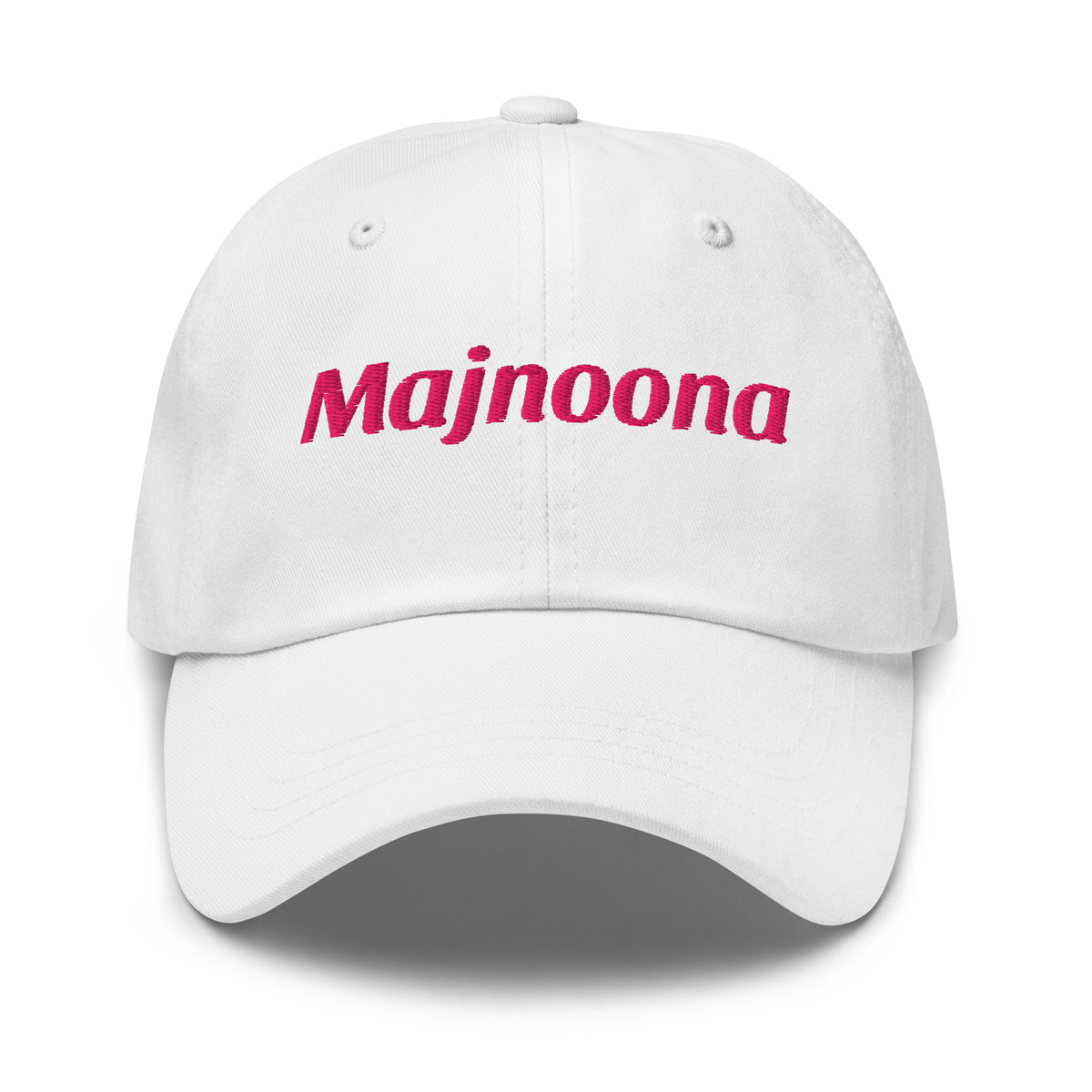Majnoona embroidered dad hat in white, front view, Arabic slogan cap by BOSA