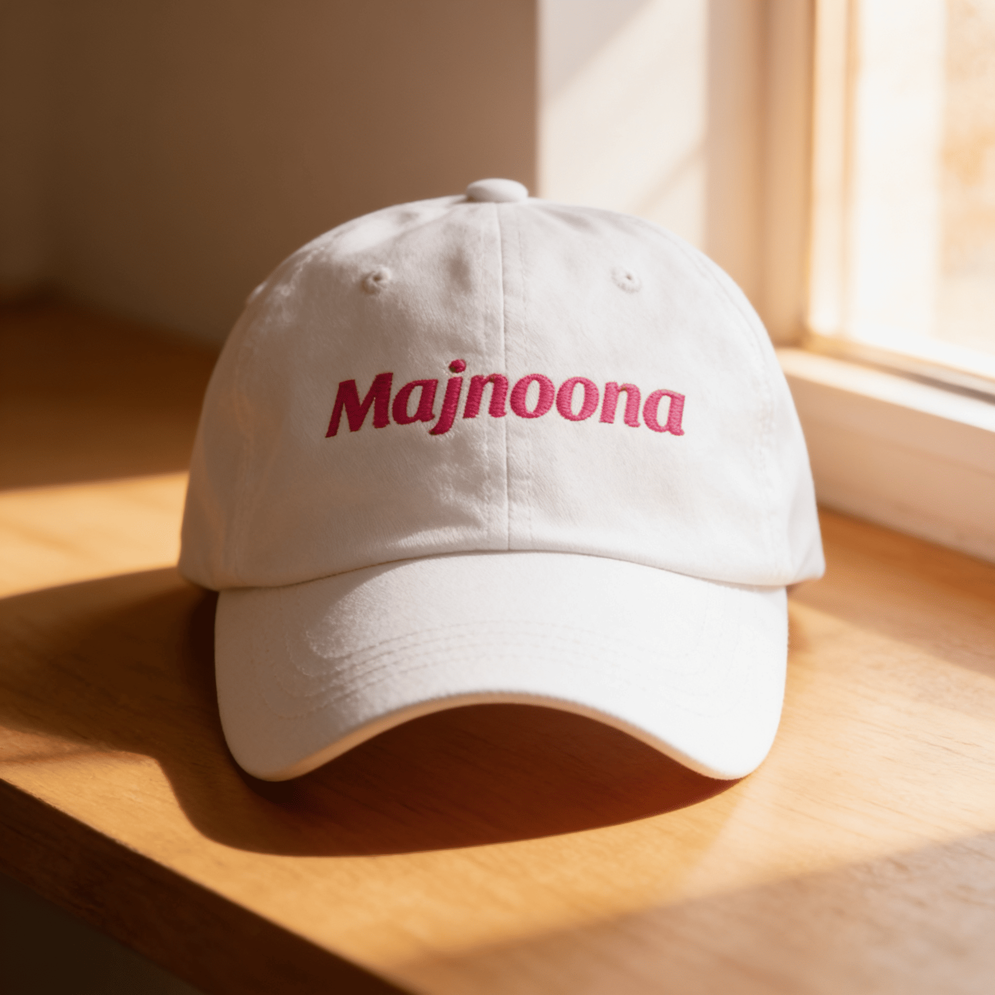 Model wearing Majnoona dad hat, side angle, Arabic slogan cap by BOSA
