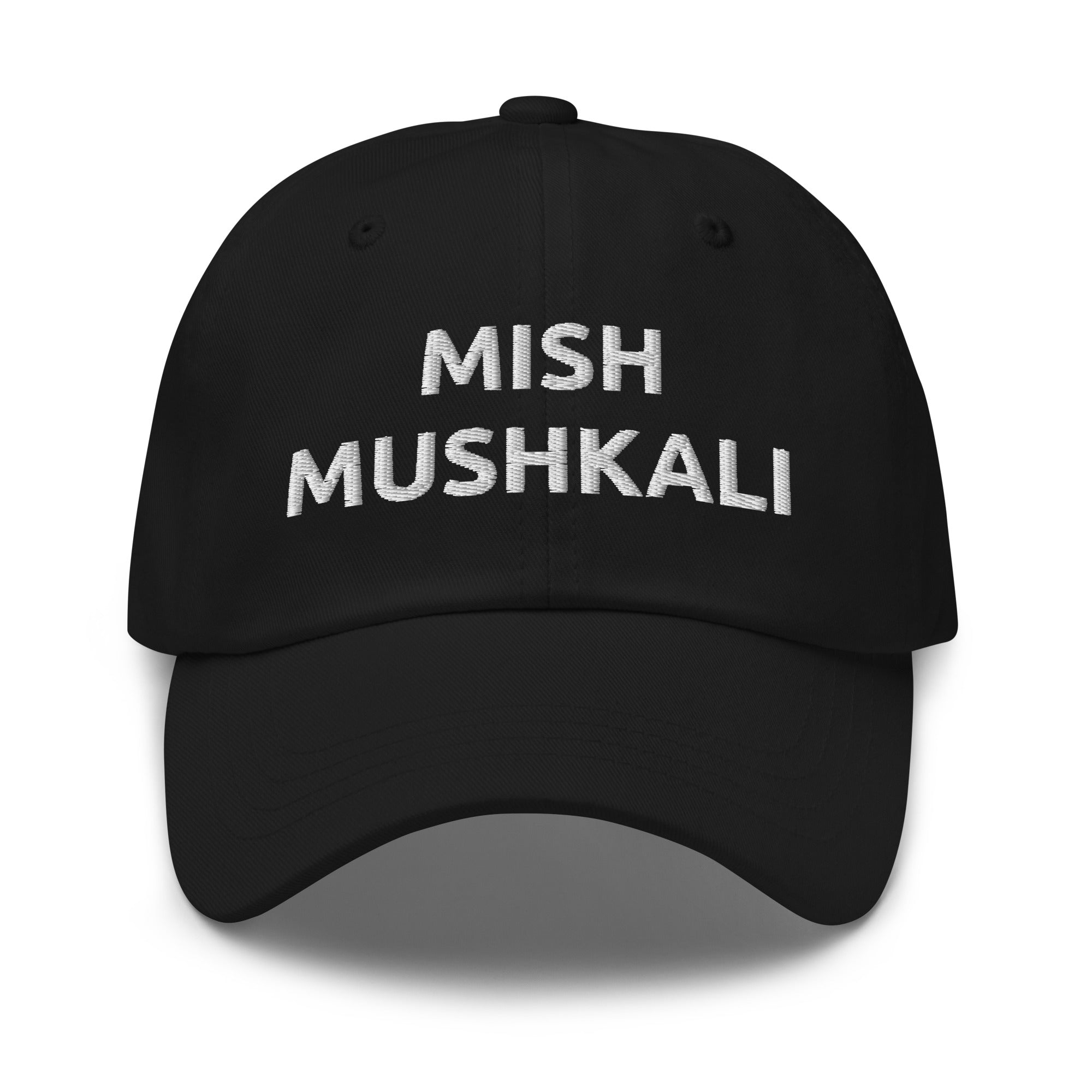 Mish Mushkali embroidered dad hat in black, front view, Arab humor cap by BOSA