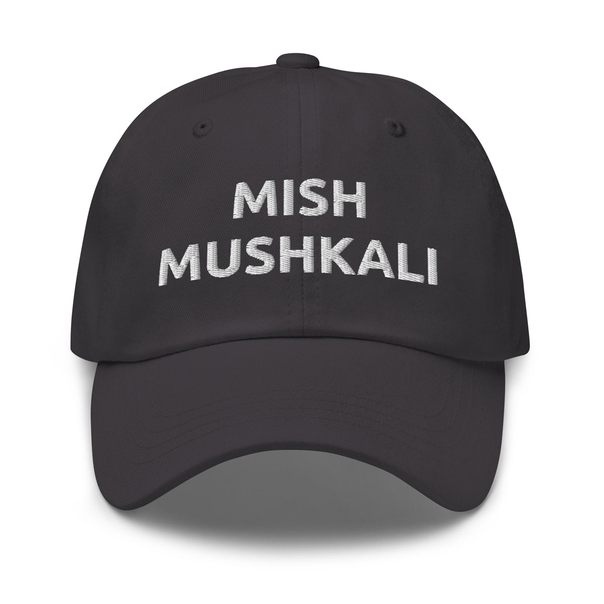 Mish Mushkali embroidered dad hat in dark grey, front view, Arab humor cap by BOSA