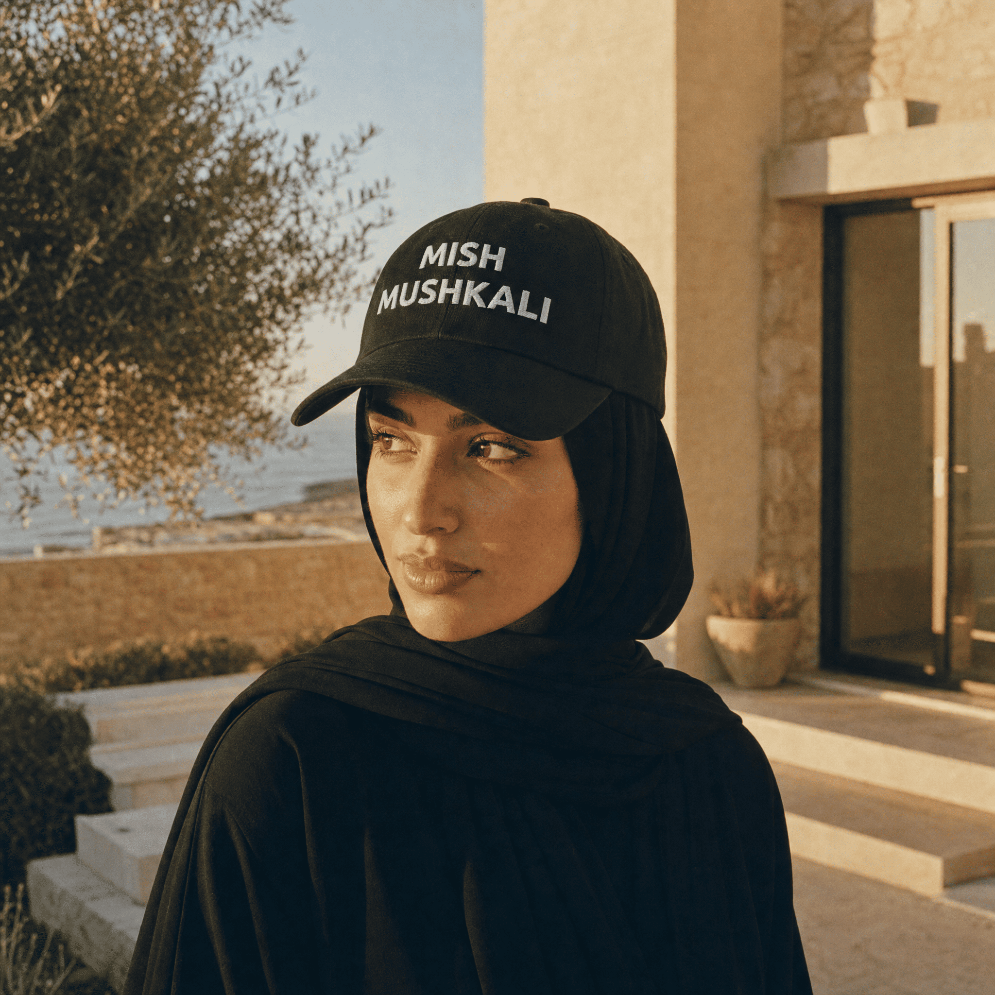 Model wearing Mish Mushkali dad hat, Arab humor cap by BOSA