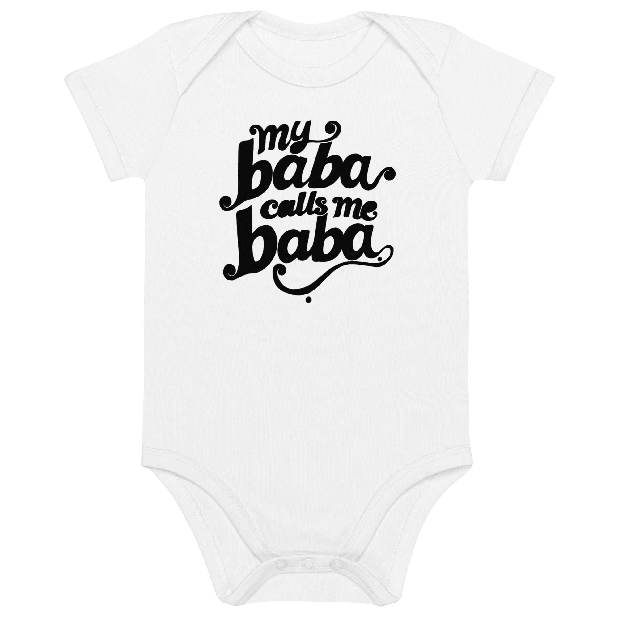 My Baba Calls Me Baba organic cotton baby bodysuit in white, Arab family gift by BOSA