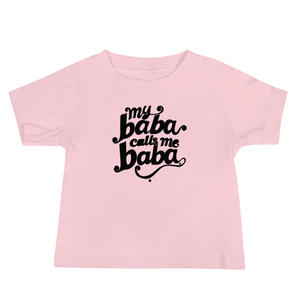 My Baba Calls Me Baba short sleeve baby tee in pink, front view, Arab family gift by BOSA