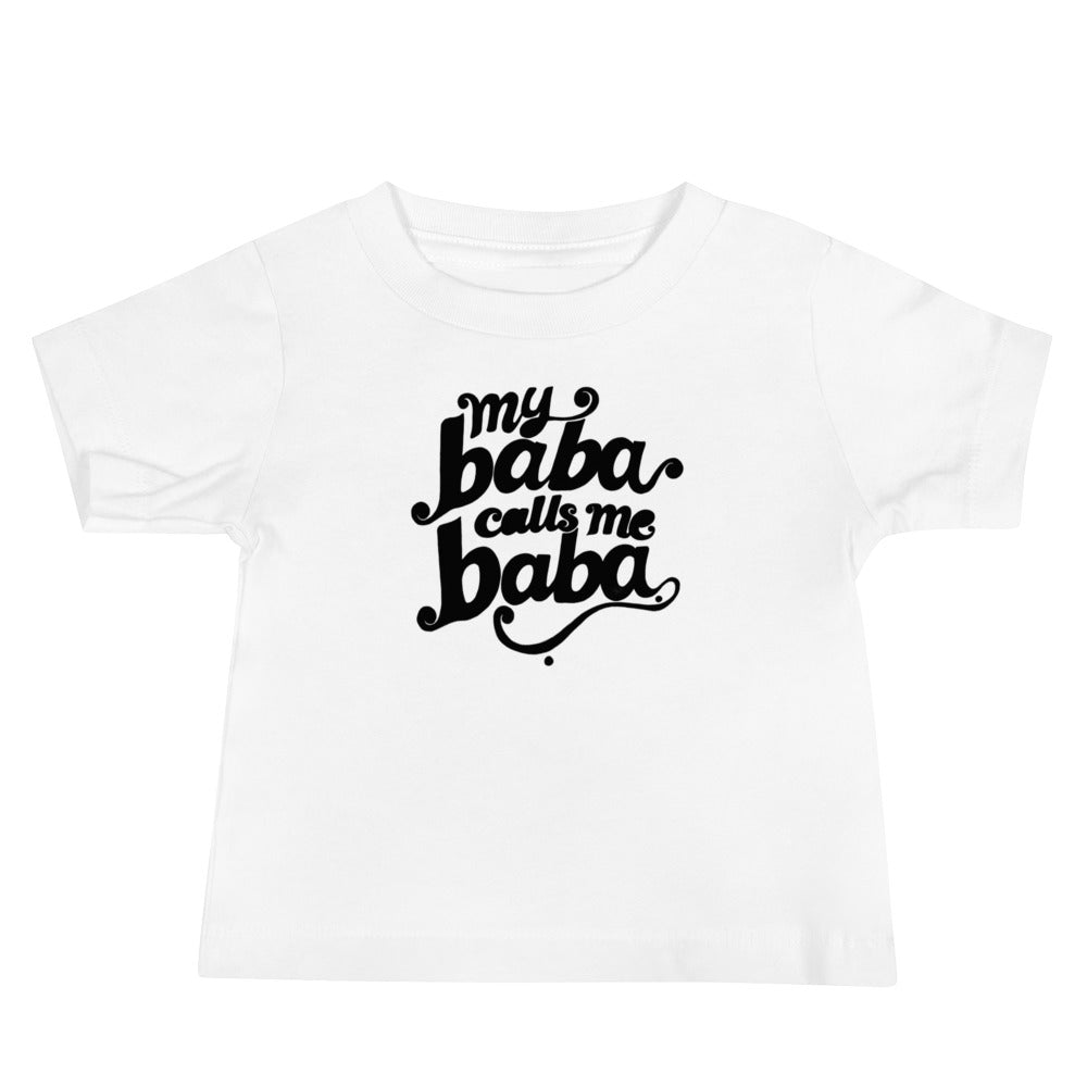 My Baba Calls Me Baba short sleeve baby tee in white, front view, Arab family gift by BOSA
