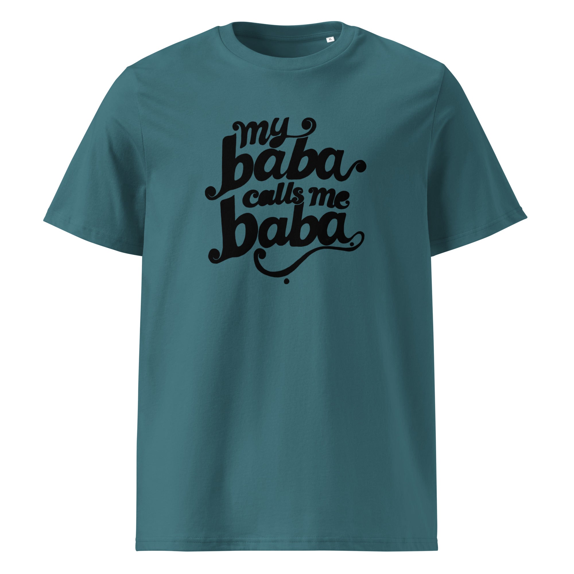 My Baba Calls Me Baba unisex cotton t-shirt in stargazer blue, front view, Arab dad slogan apparel by BOSA