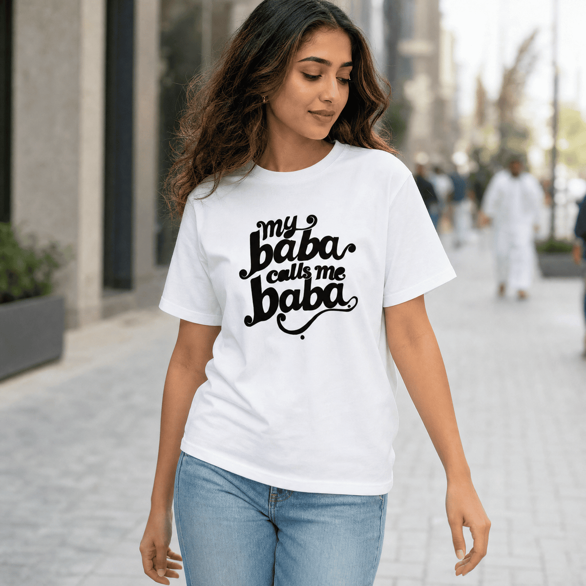Model wearing My Baba Calls Me Baba unisex cotton t-shirt, Arab dad slogan apparel by BOSA