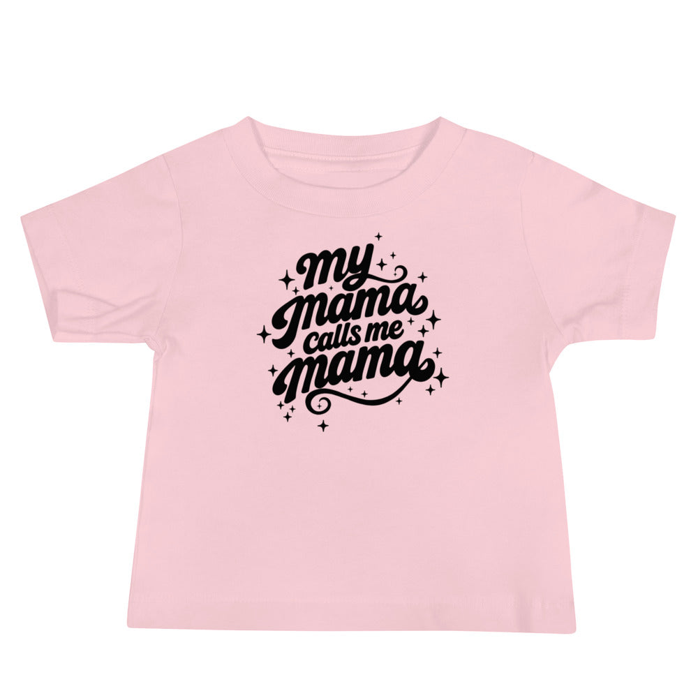 My Mama Calls Me Mama short sleeve baby tee in pink, front view, Arab family gift by BOSA